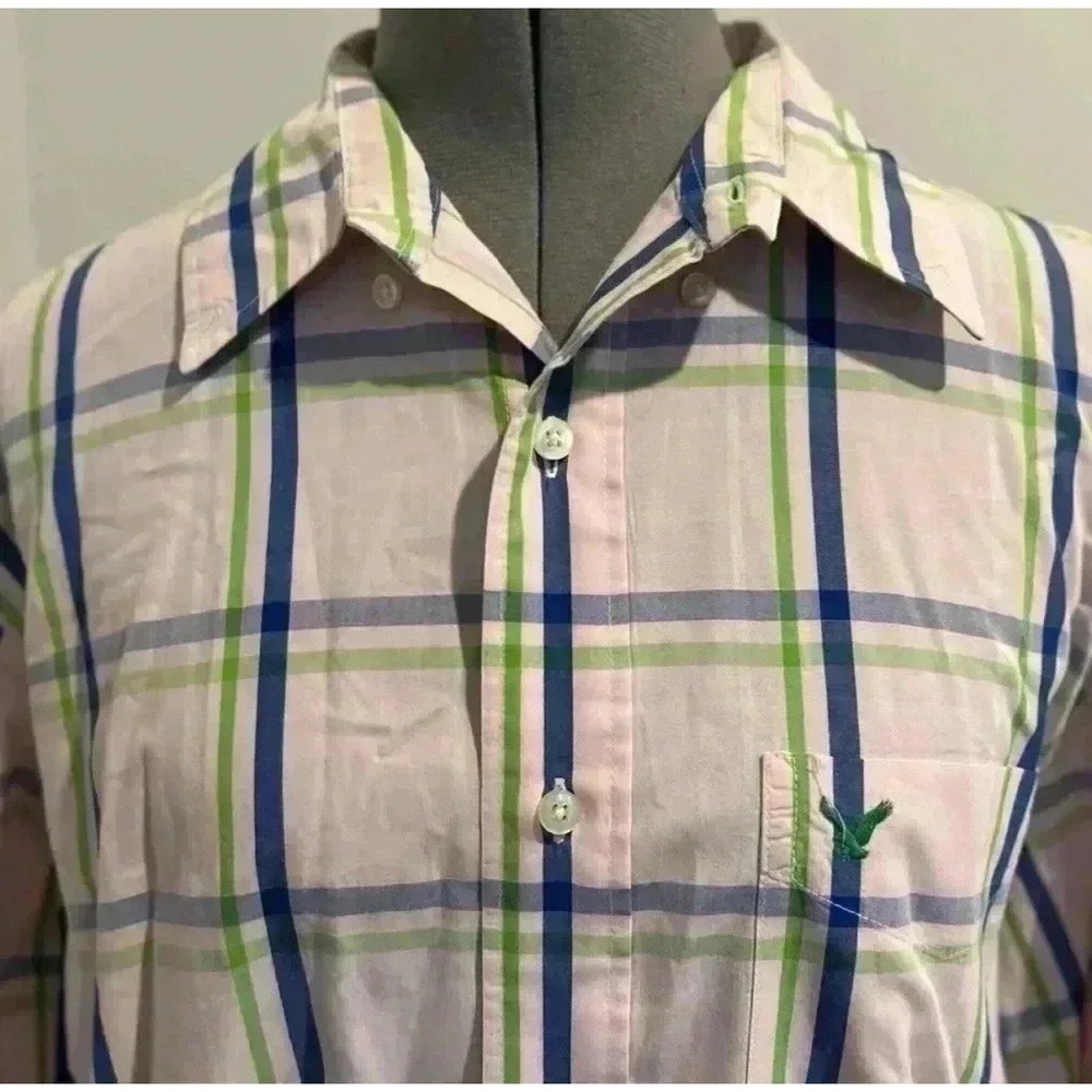 AMERICAN EAGLE PINK & BLUE PLAID LONG SLEEVE  SHIRT‎ SIZE L MEN'S EUC